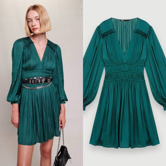 Maje Dresses & Skirts - Maje Emerald Green V-Neck Pleated Mini Dress